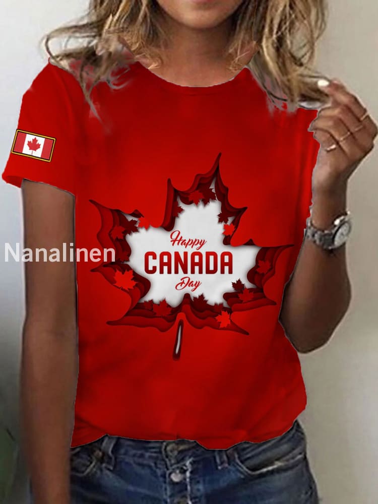 Women’s Canadian Flag Maple Leaf Print Casual Short Sleeve T-shirt Red / S