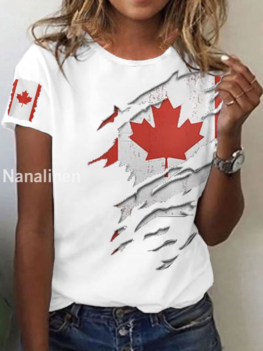 Women’s Canadian Flag Maple Leaf Print Casual Short Sleeve T-shirt White / S