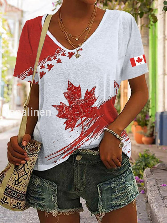 Women’s Canadian Flag Maple Leaf Print Casual Short Sleeve T-shirt White / S