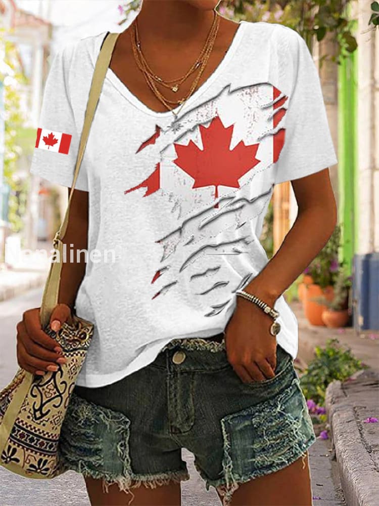 Women’s Canadian Flag Maple Leaf Print Casual Short Sleeve T-shirt White / S