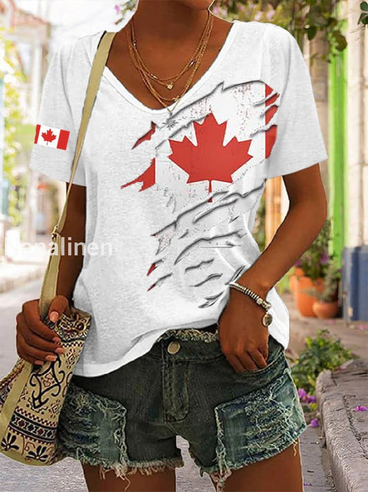 Women’s Canadian Flag Maple Leaf Print Casual Short Sleeve T-shirt White / S