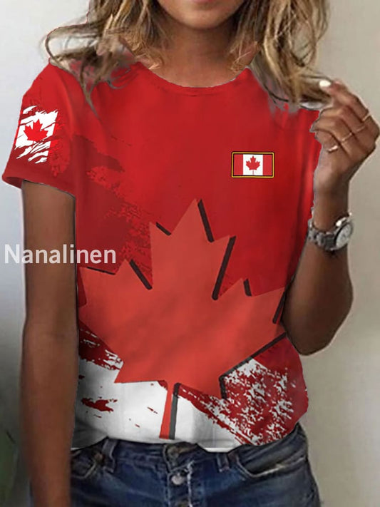 Women’s Canadian Flag Maple Leaf Print Casual Tee As picture / S
