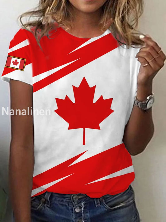 Women’s Canadian Flag Maple Leaf Print Casual Tee As picture / S
