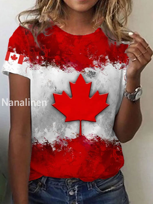 Women’s Canadian Flag Maple Leaf Print Casual Tee As picture / S