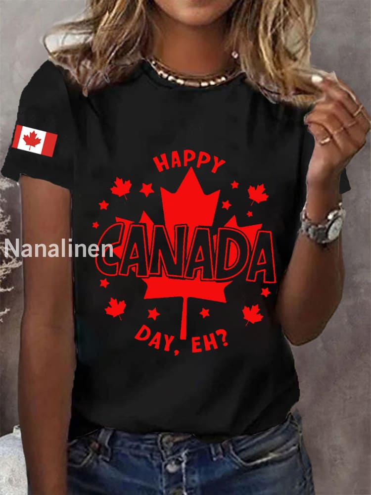 Women’s Canadian Flag Maple Leaf Print Casual Tee Black / S