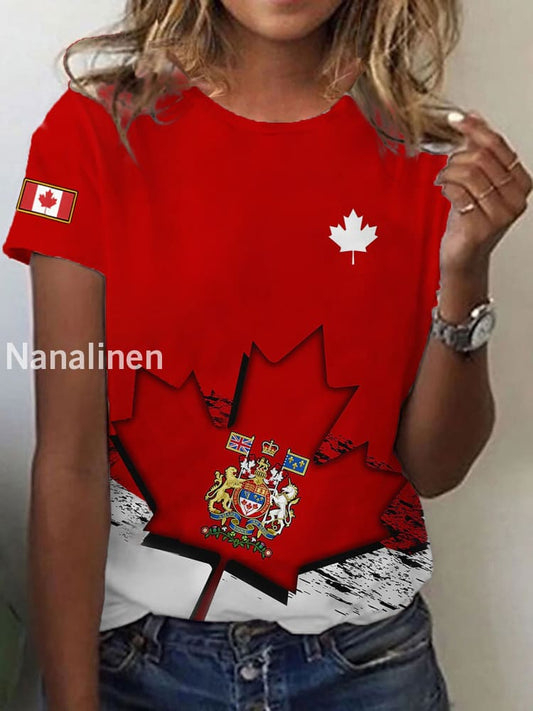 Women’s Canadian Flag Maple Leaf Print Casual Tee Red / S
