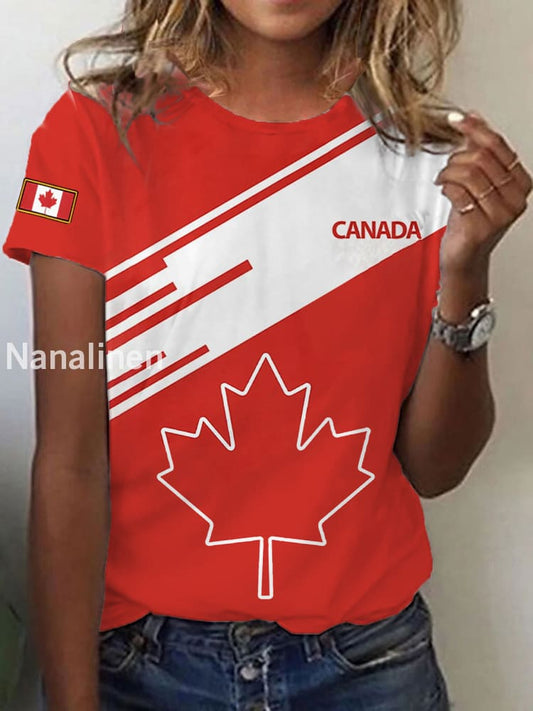 Women’s Canadian Flag Maple Leaf Print Casual Tee Red / S