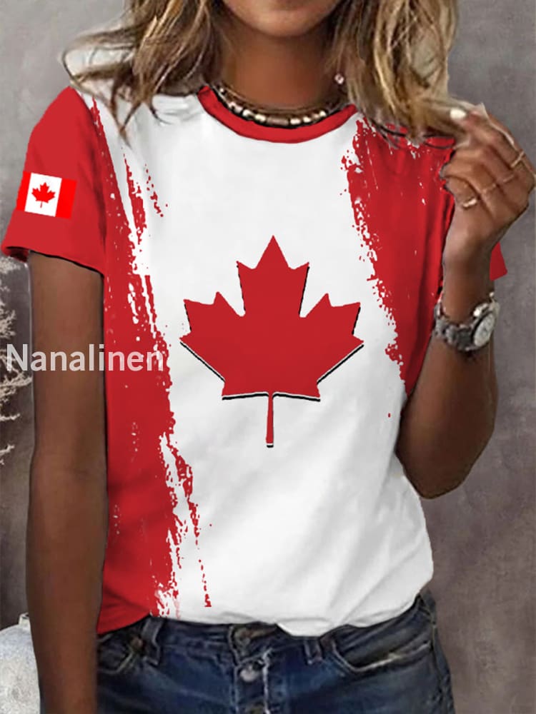 Women’s Canadian Flag Maple Leaf Print Casual Tee Red / S