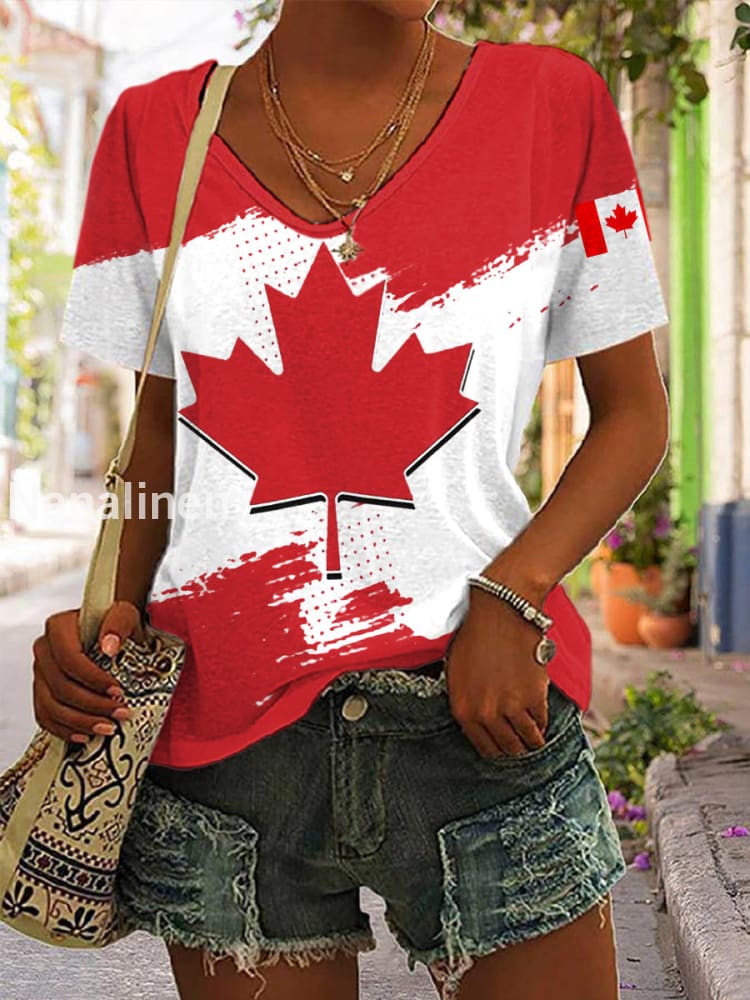 Women’s Canadian Flag Maple Leaf Print Casual V-Neck Tee Red / S