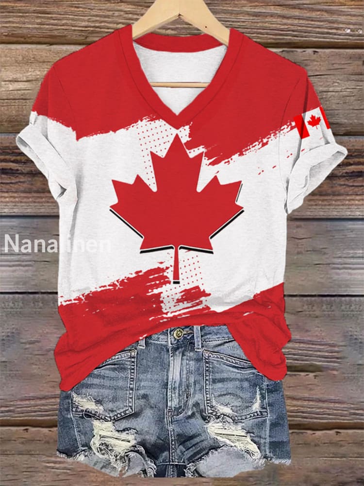 Women’s Canadian Flag Maple Leaf Print Casual V-Neck Tee Red / S