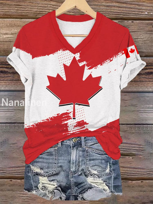 Women’s Canadian Flag Maple Leaf Print Casual V-Neck Tee Red / S