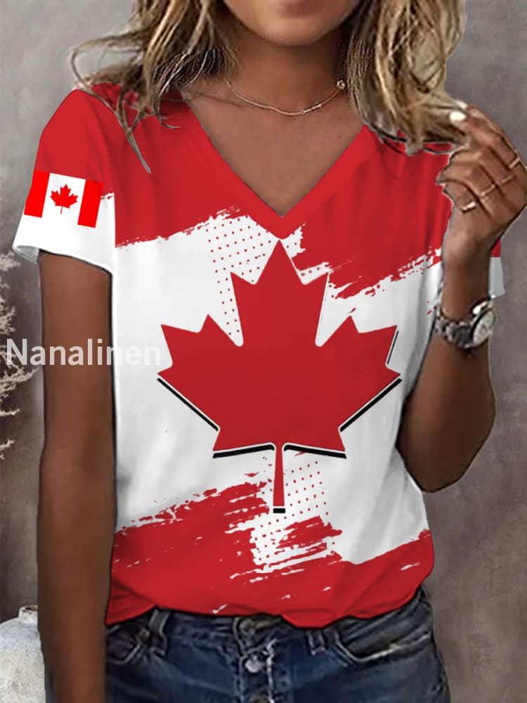 Women’s Canadian Flag Maple Leaf Print Casual V-Neck Tee Red / S