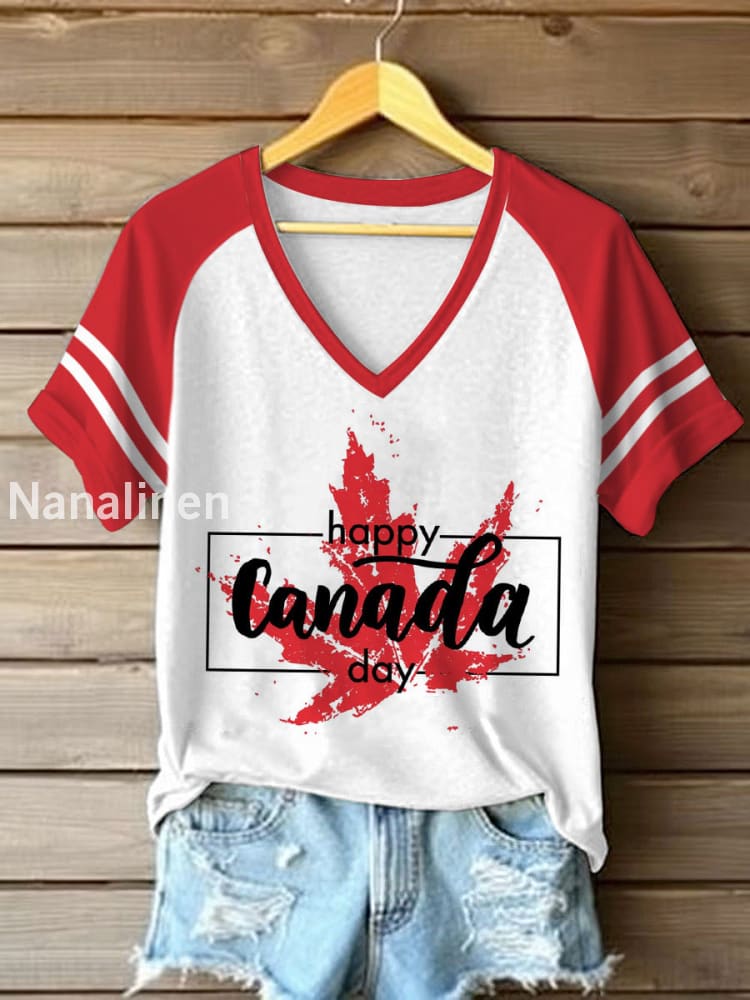 Women’s Canadian Flag Maple Leaf Print V-neck off-shoulder short-sleeved T-shirt As picture / S
