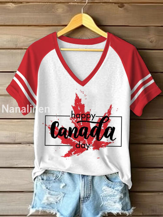 Women’s Canadian Flag Maple Leaf Print V-neck off-shoulder short-sleeved T-shirt As picture / S