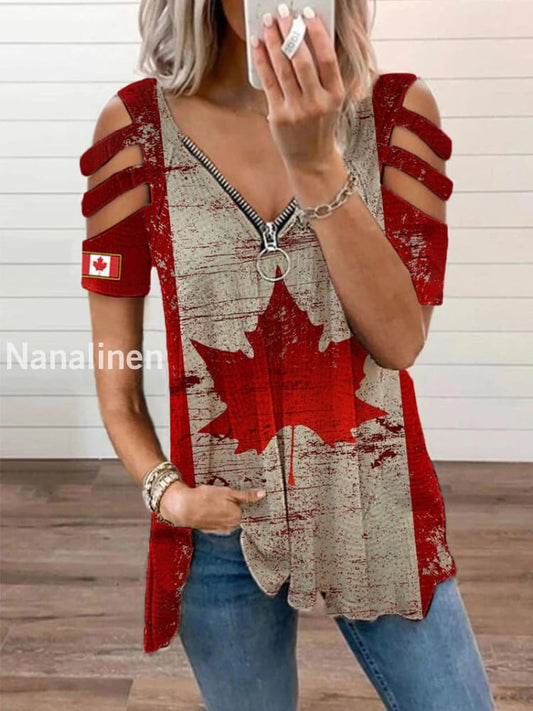 Women’s Canadian Flag Maple Leaf Print V-neck zipper T-shirt As picture / S