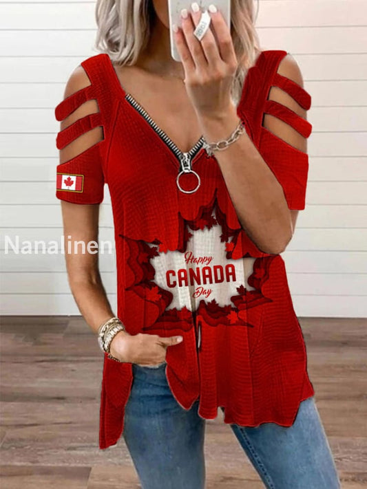 Women’s Canadian Flag Maple Leaf Print V-neck zipper T-shirt Red / S