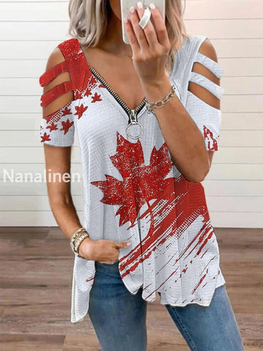 Women’s Canadian Flag Maple Leaf Print V-neck zipper T-shirt White / S