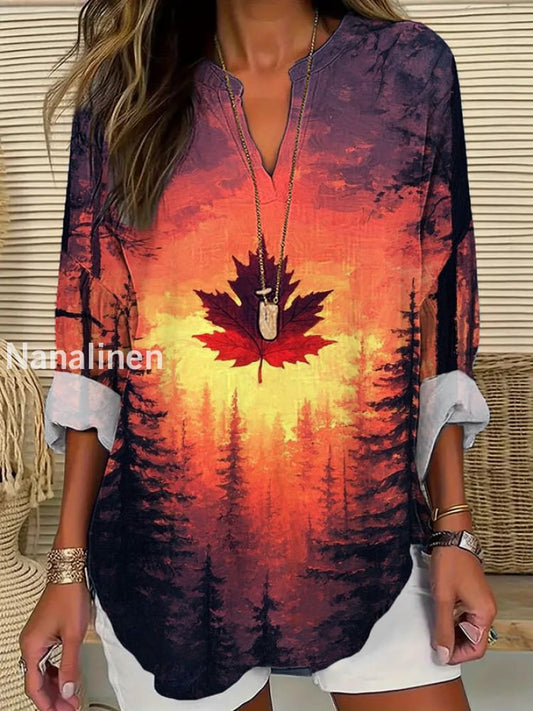 Women’s Canadian Flag Maple Leaf Print Vintage Casual Long Sleeve Shirt As picture / S