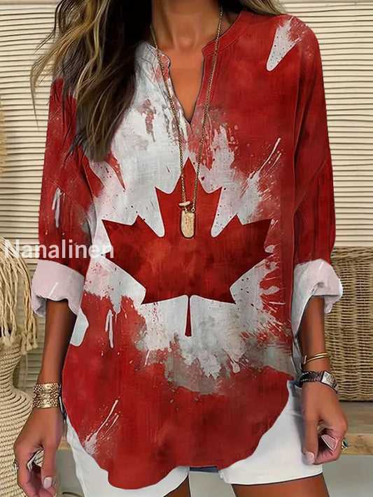Women’s Canadian Flag Maple Leaf Print Vintage Casual Long Sleeve Shirt As picture / S