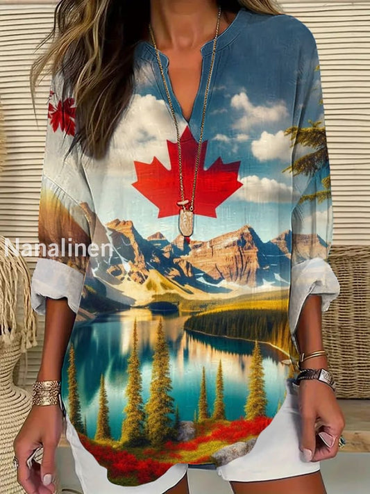 Women’s Canadian Maple Leaf Landscape Print Casual Long Sleeve Shirt As picture / S