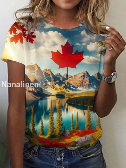 Women’s Canadian Maple Leaf Landscape Print Casual Short-sleeve T-shirt As picture / S