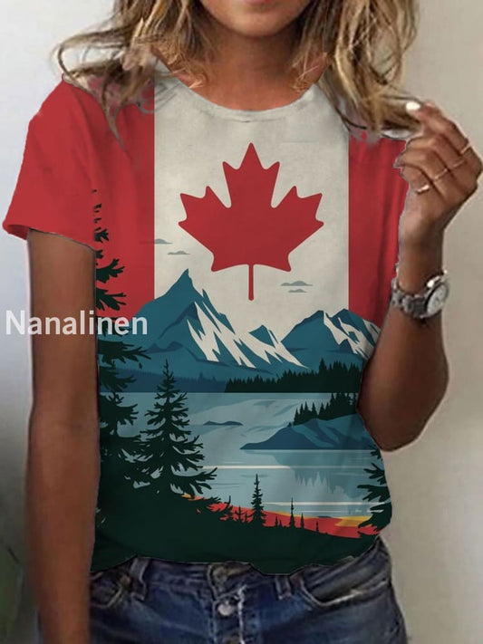 Women’s Canadian Maple Leaf Landscape Print Casual Short-sleeve T-shirt As picture / S