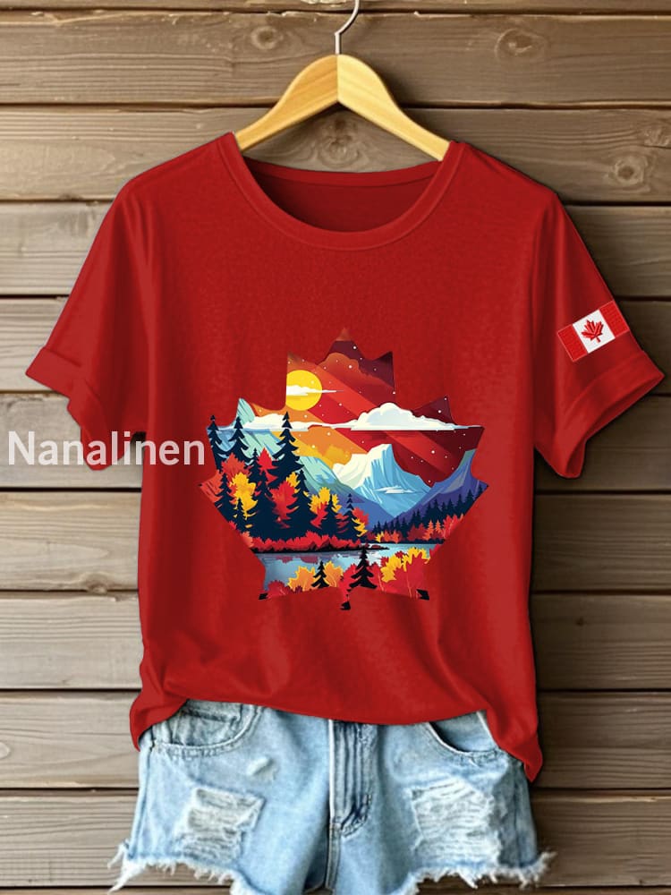 Women’s Canadian Maple Leaf Landscape Print Casual Short Sleeve T-shirt Red / S