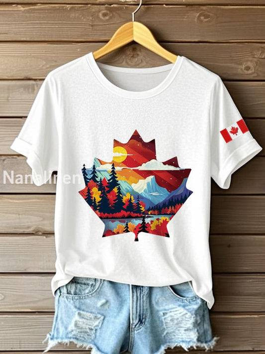 Women’s Canadian Maple Leaf Landscape Print Casual Short Sleeve T-shirt White / S