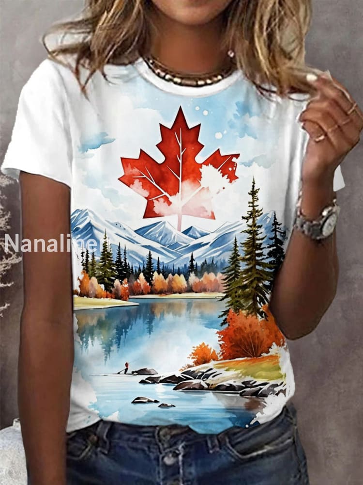 Women’s Canadian Maple Leaf Landscape Print Casual Tee White / S