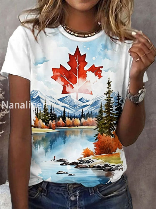 Women’s Canadian Maple Leaf Landscape Print Casual Tee White / S