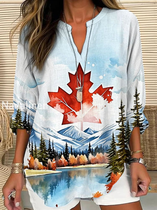 Women’s Canadian Maple Leaf Landscape Printed Casual Shirt As picture / S