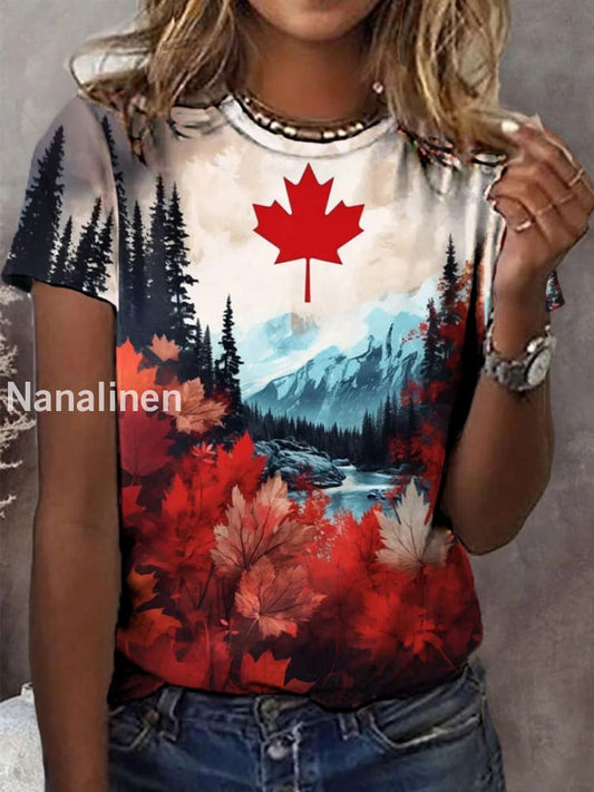 Women’s Canadian Maple Leaf Nature Landscape Print Casual Tee As picture / S