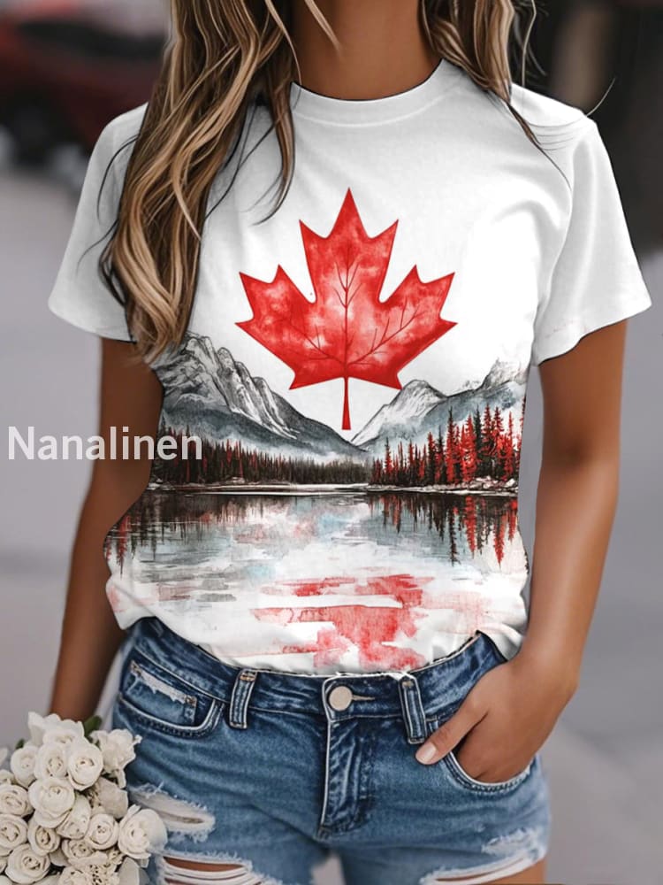 Women’s Canadian Maple Leaf Nature Landscape Print Casual Tee White / S