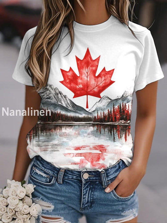 Women’s Canadian Maple Leaf Nature Landscape Print Casual Tee White / S