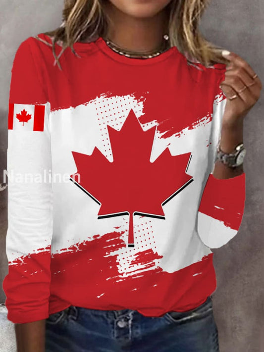 Women’s Canadian Maple Leaf Print Casual Long-Sleeve T-Shirt Red / S
