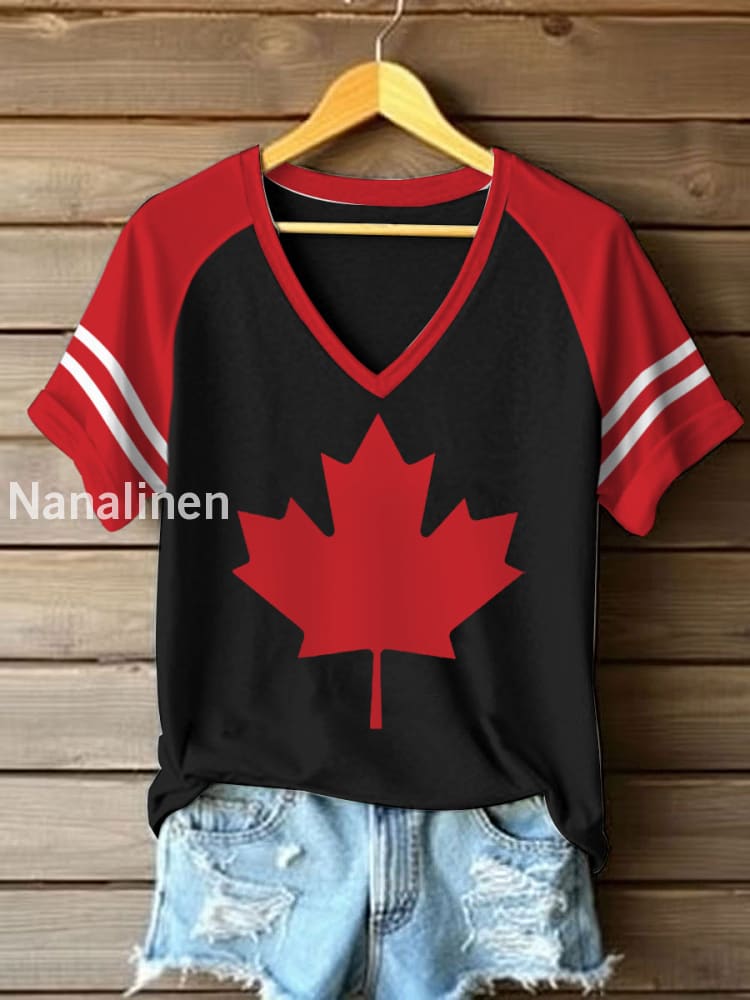 Women’s Canadian Maple Leaf Print Casual V-Neck Tee Black / S