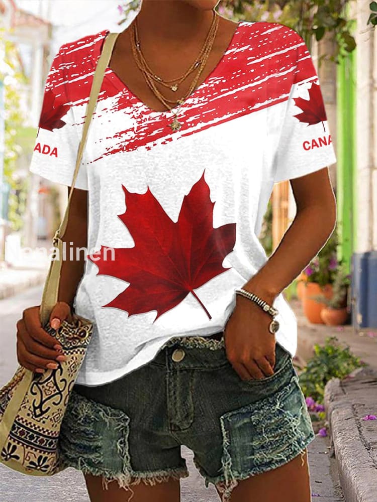 Women’s Canadian Maple Leaf Print Casual V-Neck Tee Red / S