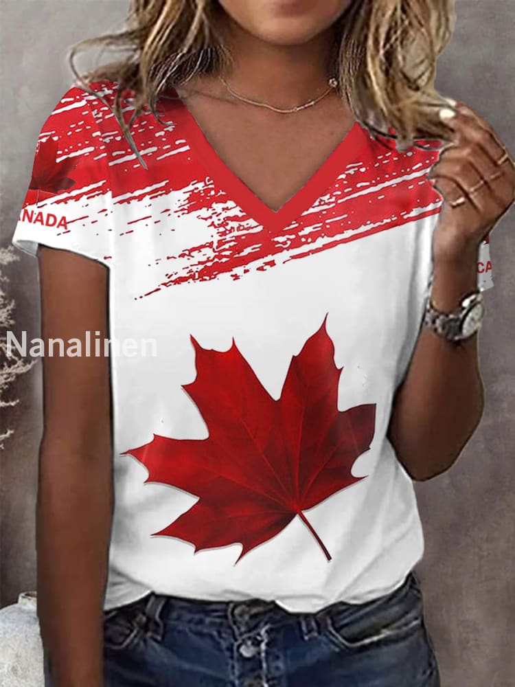 Women’s Canadian Maple Leaf Print Casual V-Neck Tee Red / S