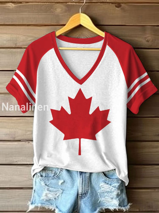 Women’s Canadian Maple Leaf Print Casual V-Neck Tee White / S