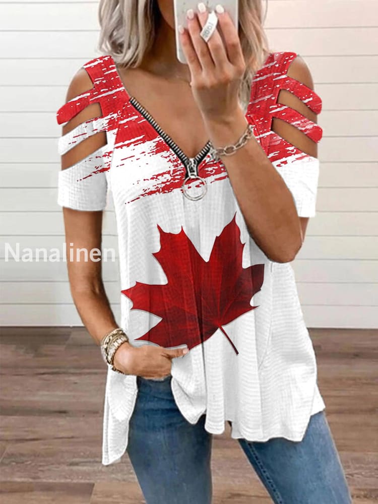 Women’s Canadian Maple Leaf Print Casual V-Neck Zipper Top Red / S