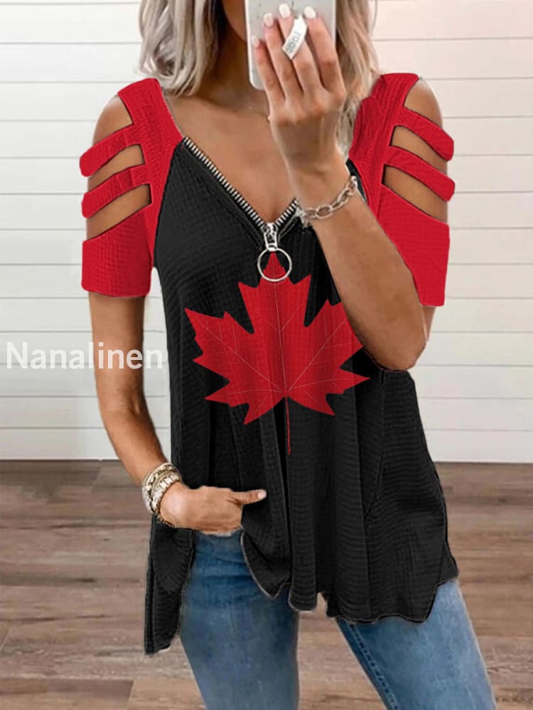 Women’s Canadian Maple Leaf Print Casual Zip-Up V-Neck Off-Shoulder Top Black / S
