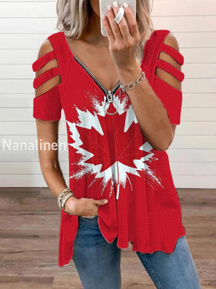 Women’s Canadian Maple Leaf Print Casual Zip-Up V-Neck Off-Shoulder Top Red / S