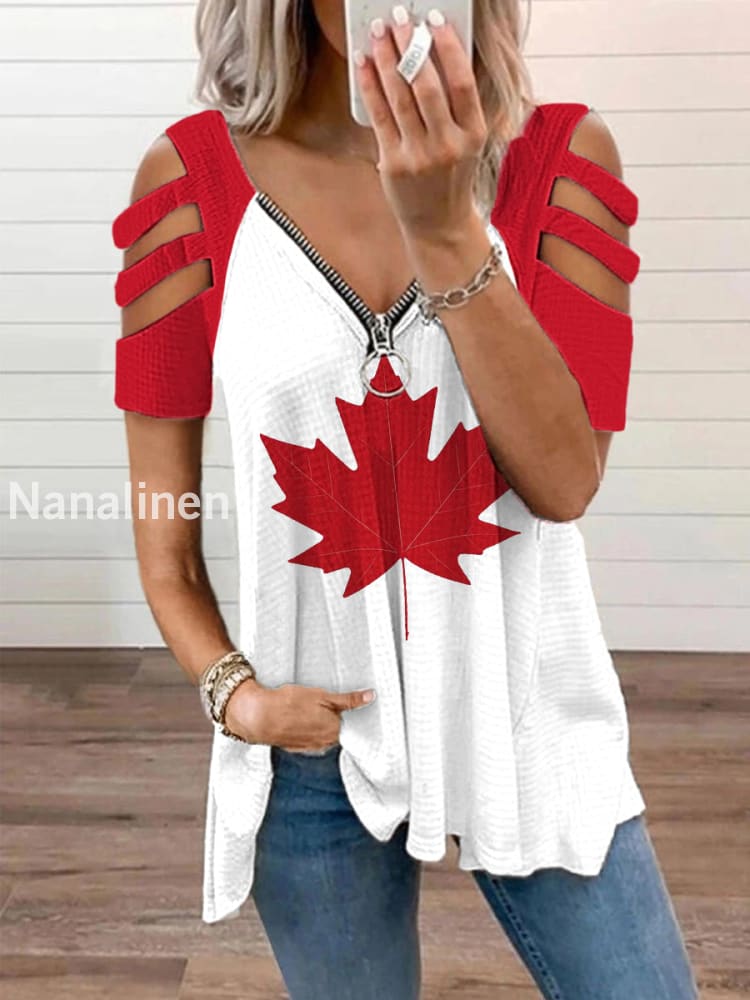Women’s Canadian Maple Leaf Print Casual Zip-Up V-Neck Off-Shoulder Top White / S