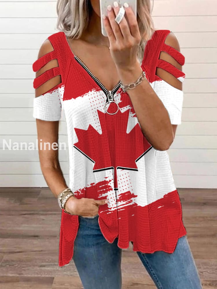 Women’s Canadian Maple Leaf Print Casual Zipper V-Neck Tee Red / S