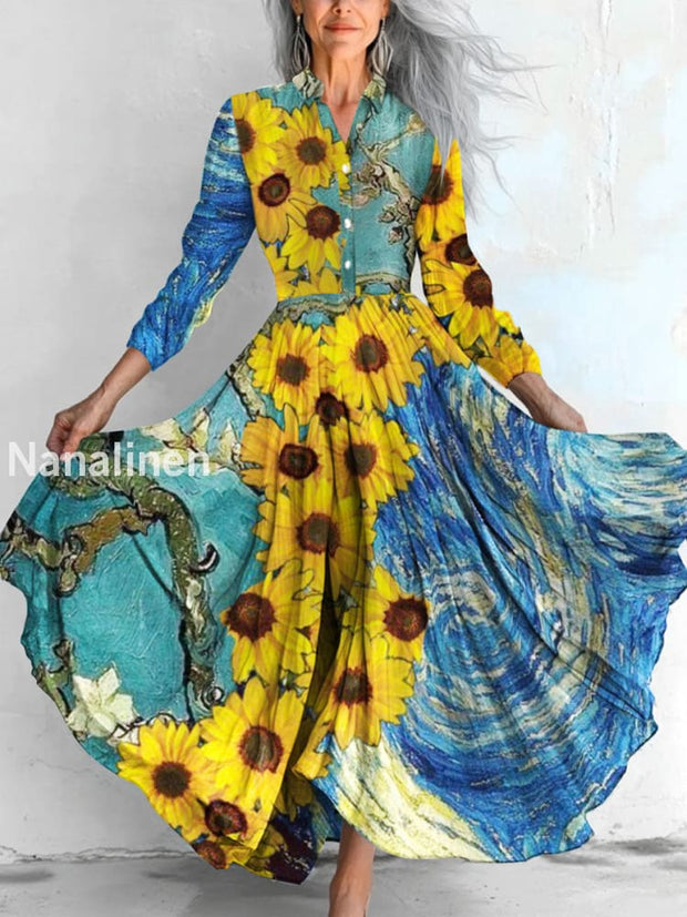 Women`s Casual Rerto Sunflowers Print Cotton Casual Shirt Collar Dress Colorful / S