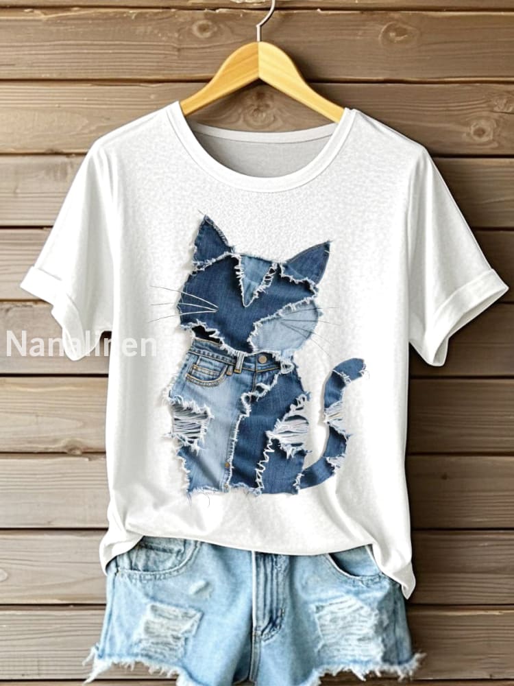 Women’s Cat Pattern Denim Patchwork Art T-Shirt White / S