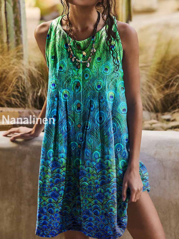 Women’s Classic Bohemia Peacock Print Art Sleeveless Tank Dress Colorful / S
