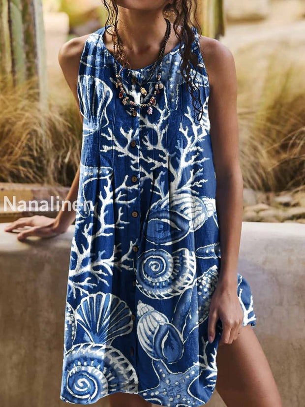 Women’s Classic Bohemia Sea World Print Art Sleeveless Tank Dress Blue / S