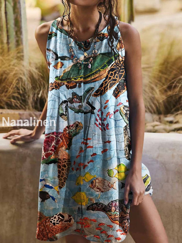 Women’s Classic Bohemia Turtle Print Art Sleeveless Tank Dress Colorful / S