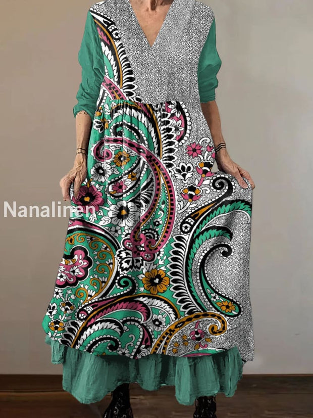 Women`s Classic Boho Print Cotton and Linen V-neck Midi Dress Colorful / S